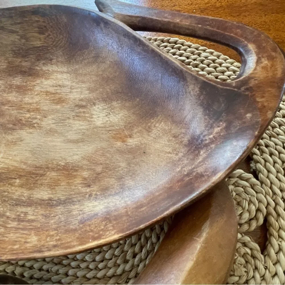 Vintage MCM Wooden Monkey Pod 10 Piece Fruit and Leaf Shaped Bowl Set